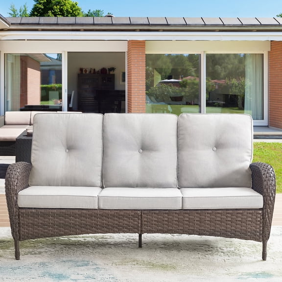 Gymojoy Outdoor 3 Seats Sofa, Patio Rattan Wicker Seactional Couch with Cushions, Beige