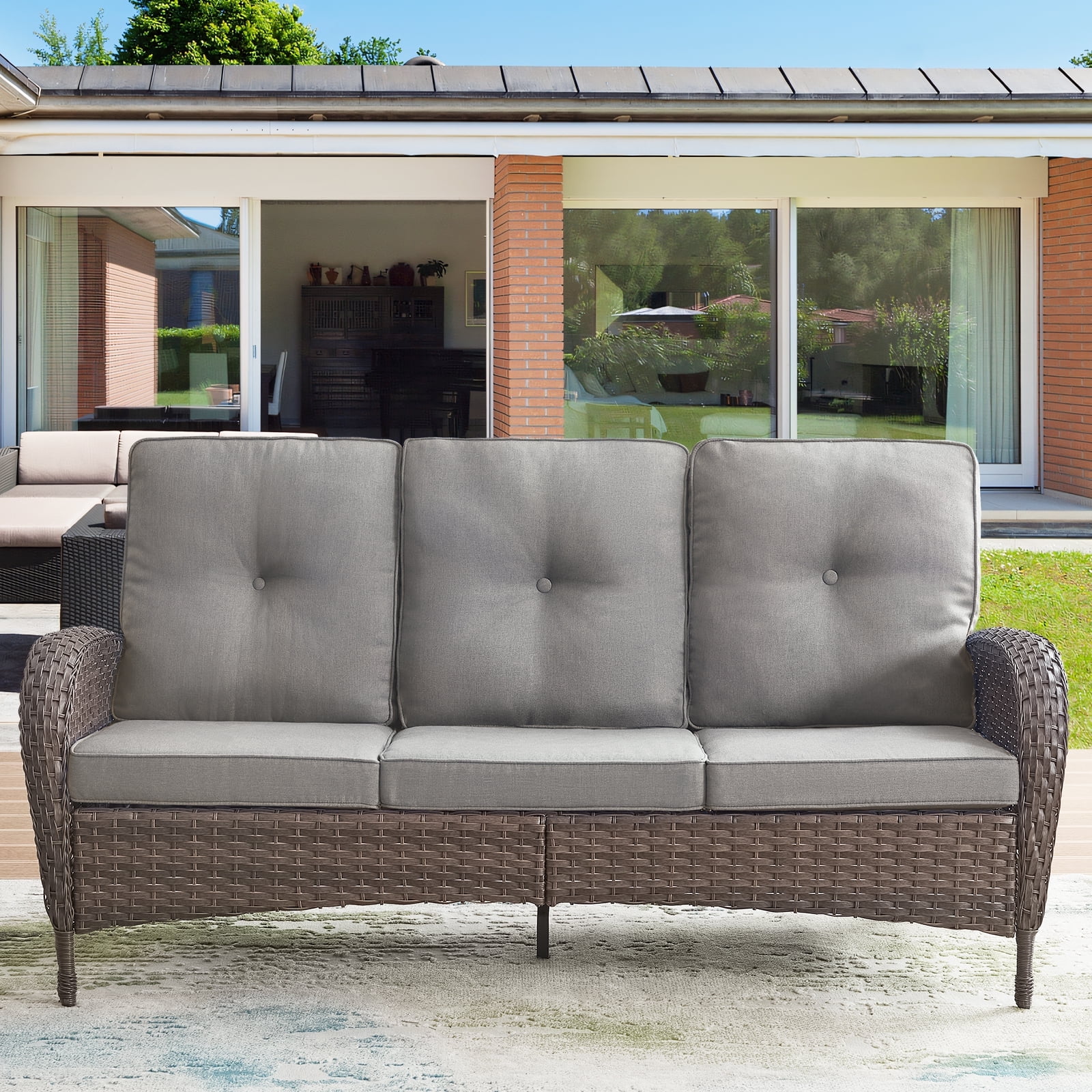 Gymojoy Outdoor 3 Seats Sofa, Patio Rattan Wicker Seactional Couch with Cushions, Gray