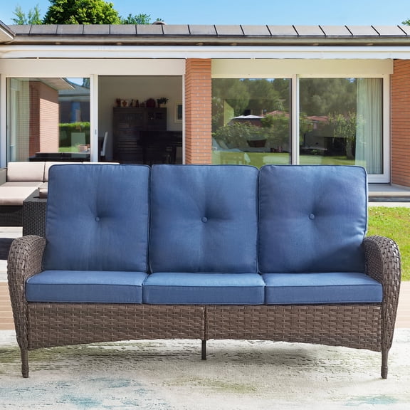 Gymojoy Outdoor 3 Seats Sofa, Patio Rattan Wicker Seactional Couch with Cushions, Navy