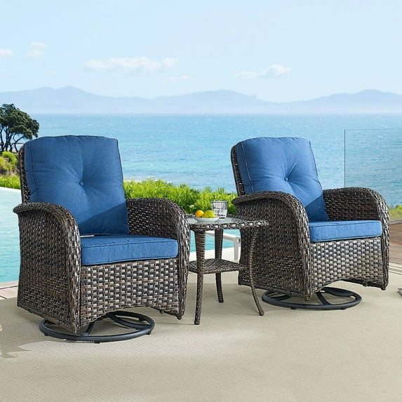 Gymojoy Outdoor 3-piece Rattan Wicker Rocking Swivel Chair Set Mix Brown Rattan - Blue