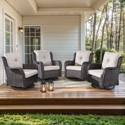 Gymojoy Outdoor 360°Swivel Chair Set of 4, All Weather Brown Wicker Patio Swivel Chairs Set with High Back and Thick Cushion for Garden, Poolside, Backyard