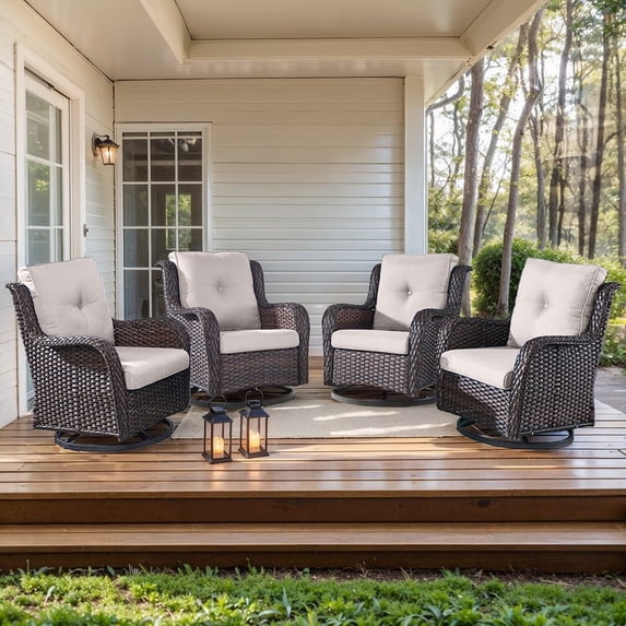 Gymojoy Outdoor 360°Swivel Chair Set of 4, All Weather Brown Wicker Patio Swivel Chairs Set with High Back and Thick Cushion for Garden, Poolside, Backyard