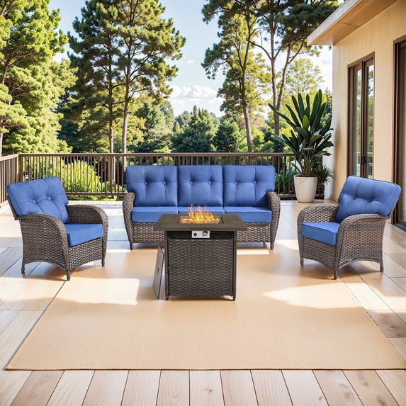 Gymojoy Outdoor 4-Piece Patio Furniture Set with 5 inch Thick Lounge Chairs and 30 Inch Square Fire Pit Table, Wicker Deep Seat Outdoor Conversation Set for Balcony Deck