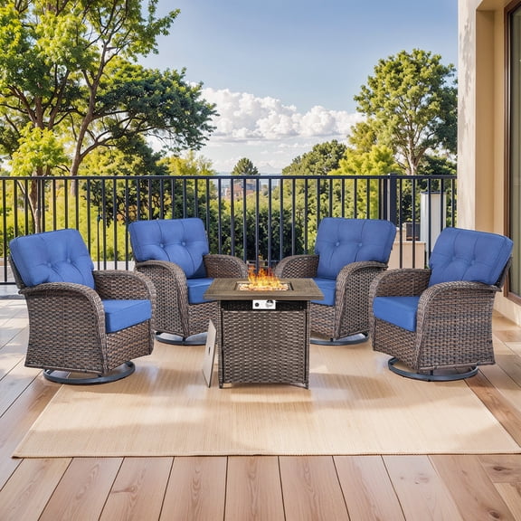 Gymojoy Outdoor 5-Piece Patio Furniture Set with 5 inch Thick Swivel Glider Chairs and 30 Inch Square Fire Pit Table, Wicker Deep Seat Outdoor Conversation Set for Balcony Deck
