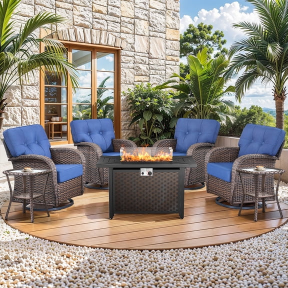 Gymojoy Outdoor 7-Piece Outdoor Conversation Set with 5 inch Thick Swivel Glider Chairs and 30 Inch Propane Square Fire Pit Table, Wicker Deep Seat Patio Swivel Rocking Chair Set for Balcony Deck