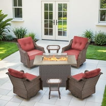 Gymojoy Outdoor 7-Piece Patio Furniture Set with 6 inch Thick Swivel Glider Chairs and 50,000 BTU Fire Pit Table,Wicker Deep Seat Conversation Set for Balcony Deck,Brown Wicker Gray Cushions