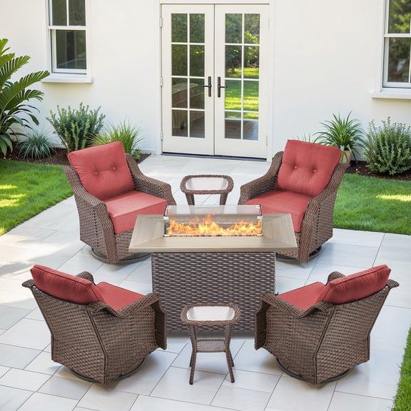 Gymojoy Outdoor 7-Piece Patio Furniture Set with 6 inch Thick Swivel Glider Chairs and 50,000 BTU Fire Pit Table,Wicker Deep Seat Conversation Set for Balcony Deck,Brown Wicker Gray Cushions