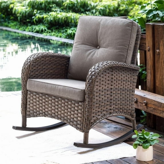 Gymojoy Outdoor Brown Wicker Rocking Chair, All Weather Resin Rattan ...