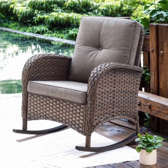 Gymojoy Outdoor Brown Wicker Rocking Chair, All Weather Resin Rattan Wicker Rocking Chairs, for Garden Backyard Lown Porch,1pc,Gray