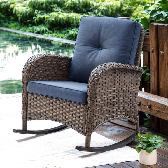Gymojoy Outdoor Brown Wicker Rocking Chair, All Weather Resin Rattan Wicker Rocking Chairs, for Garden Backyard Lown Porch,1pc,Navy