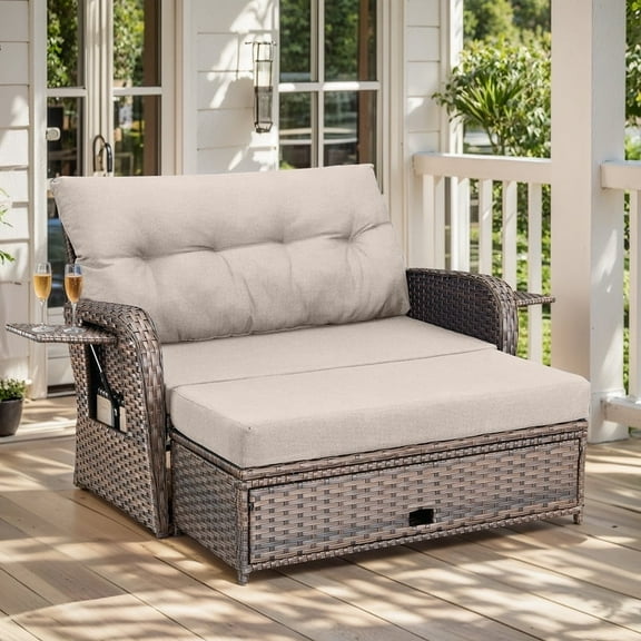 Gymojoy Outdoor Daybed Set Patio Day Bed Rattan Lounge Sofa Bed with Thick Cushions for Backyard Porch Poolside Lawn Beach,Beige