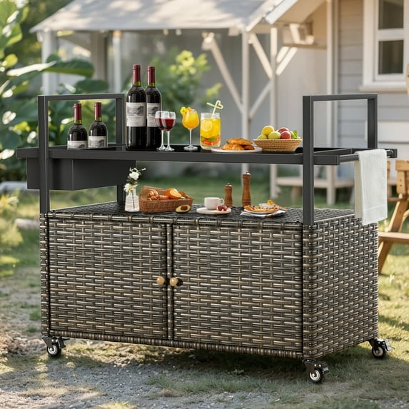 Gymojoy Outdoor Dining Cart Table, Patio Grill Cart with Tempered Glass Top,Wicker Storage Cabinet, Lockable Wheels and Side Basket for Garden, Poolside & Backyard, Gray