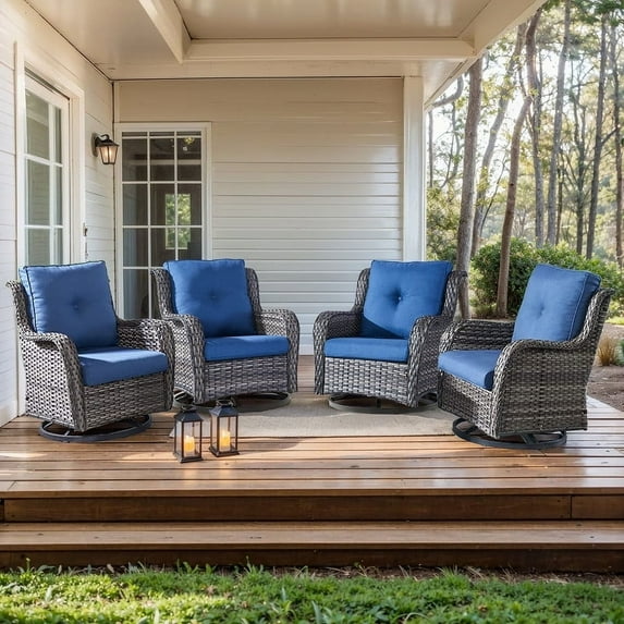 Gymojoy Outdoor Gray Wicker Rattan Outdoor Patio 360° Swivel Rocking Glider Chair Set of 4 with High Back and Thick Cushions for Garden, Poolside, Backyard