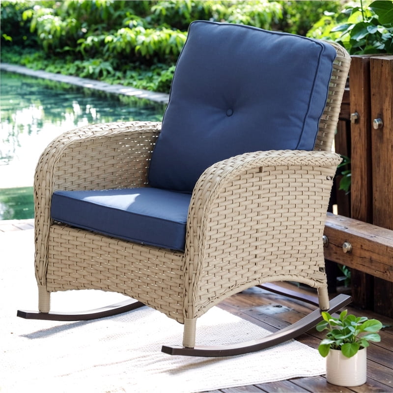 Gymojoy Outdoor Light Beige Wicker Rocking Chair, All Weather Resin ...