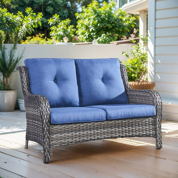 Gymojoy Outdoor PE Wicker Loveseat,Patio Rattan 2-Seater Counch Sofa with Non-Slip Cushion and Deep Seating High Back,Blue