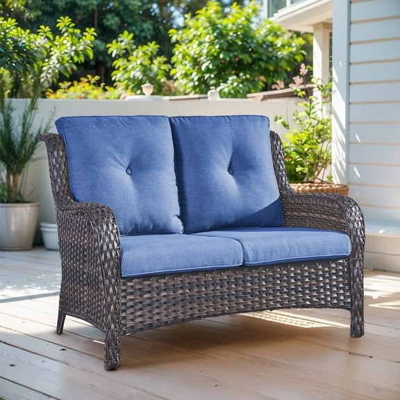 Gymojoy Outdoor PE Wicker Loveseat,Patio Rattan 2-Seater Counch Sofa with Non-Slip Cushion and Deep Seating High Back,Blue