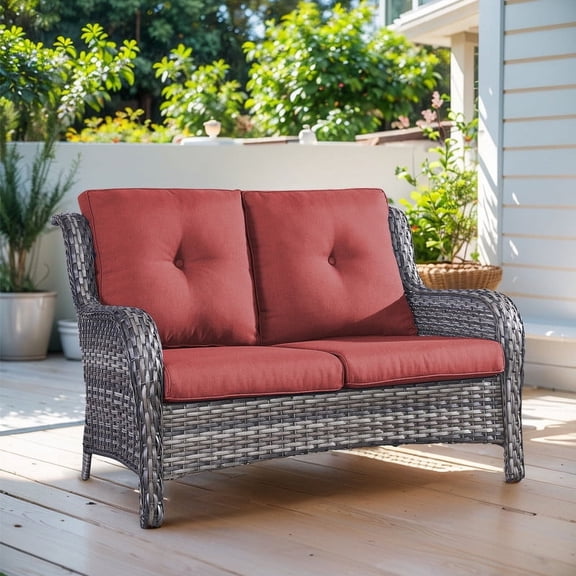 Gymojoy Outdoor PE Wicker Loveseat,Patio Rattan 2-Seater Counch Sofa with Non-Slip Cushion and Deep Seating High Back,Red