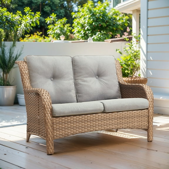Gymojoy Outdoor PE Wicker Loveseat, Patio Rattan 2-Seater Sofa with High Back and Cushions, Beige
