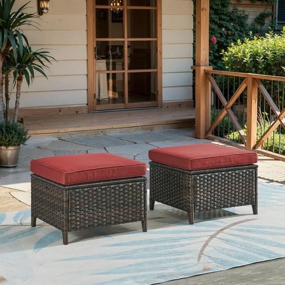 Gymojoy Outdoor PE Wicker Ottoman Set of 2 Patio Rattan Footrest Seat with Soft Red Cushion