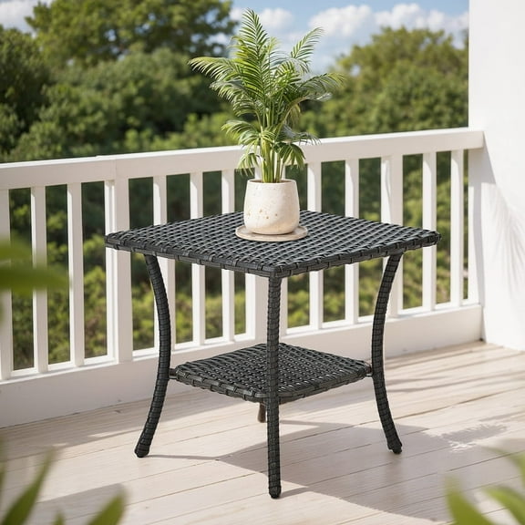 Gymojoy Outdoor PE Wicker Patio Side Table - All-Weather Rust-Resistant Steel Frame End Table with Storage for Poolside, Garden, Backyard & Deck (Brown)