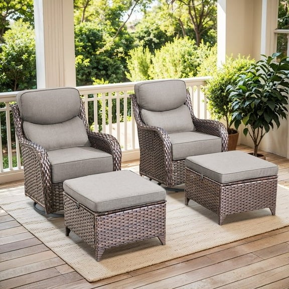 Gymojoy Outdoor Patio Furniture Set - 4 Piece Patio Conversation Set with Swivel Rocker Chairs and Ottomans, 6 inch Cushions, High Back, Deep Seating, for Porch Deck Garden