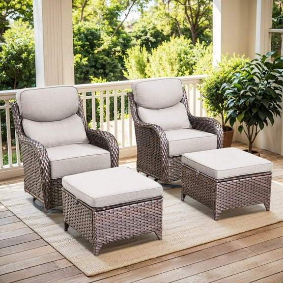 Gymojoy Outdoor Patio Furniture Set - 4 Piece Patio Conversation Set with Swivel Rocker Chairs and Ottomans, 6 inch Cushions, High Back, Deep Seating, for Porch Deck Garden