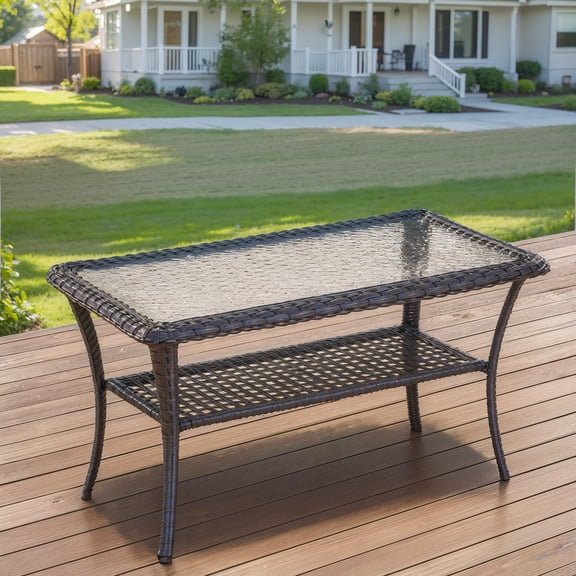 Gymojoy Outdoor Rectangular PE Wicker 38 in. Outdoor Coffee Table With Storage Glass Top Wicker Table for Balcony Porch Deck,Black