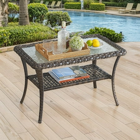 Gymojoy Outdoor Rectangular PE Wicker 38 in. Outdoor Coffee Table With Storage Glass Top Wicker Table for Balcony Porch Deck,Brown