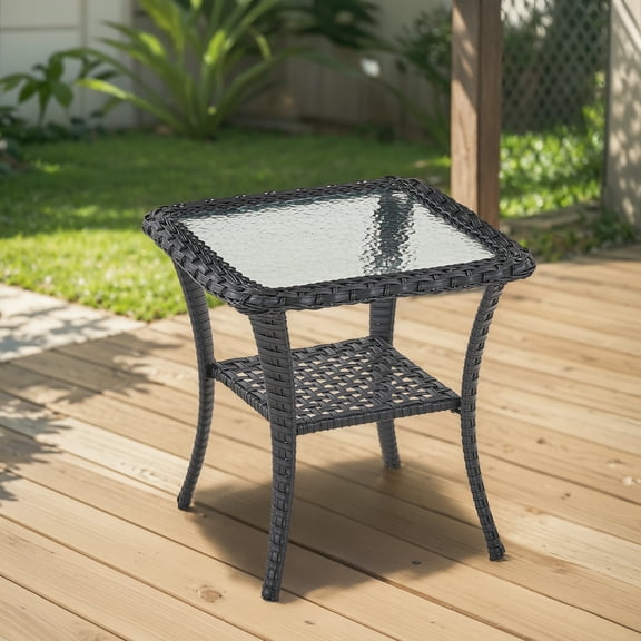 Gymojoy Outdoor Side Table with Storage Wicker Patio Side Table, Tempered Glass Top End Table for Balcony Porch Deck,Black