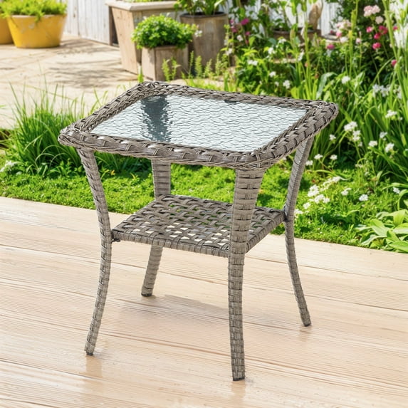 Gymojoy Outdoor Side Table with Storage Wicker Patio Side Table, Tempered Glass Top End Table for Balcony Porch Deck,Gray