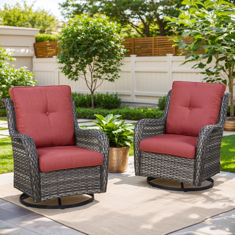 Grey and Red Outdoor Wicker Rocking Lounge Chairs with Cushions