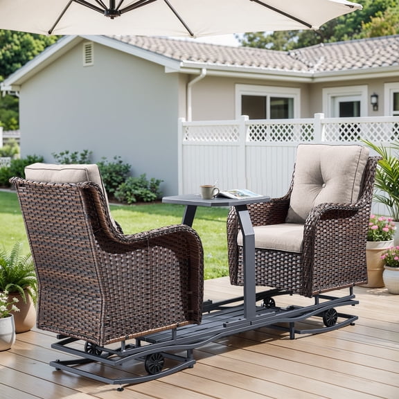 Gymojoy Outdoor Wicker Glider Chairs Set with Center Table, 2 Cushioned Patio Glider Chairs on Sliding Base for Porch, Deck, Backyard, Brown/Beige