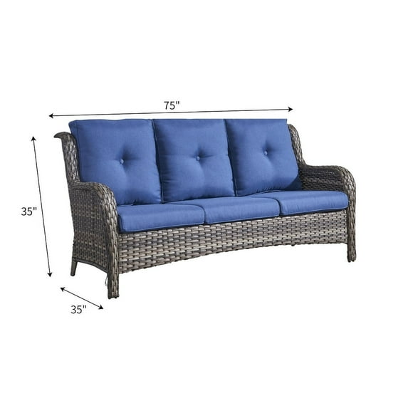 Gymojoy Outdoor Wicker Patio Sofa 3-Seat Rattan Sofa Furniture Brown/Blue