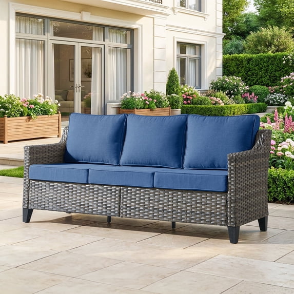Gymojoy Outdoor Wicker Sofa, Patio Rattan 3 Seats Deep Seating Couch with Blue Cushion