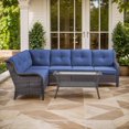 thumbnail image 1 of Gymojoy Outdoor Wicker Sofa Set Patio Furniture L-Shape Rattan Sectional with Coffee Table UV-Resistant for Backyard Balcony,Brown/Blue, 1 of 12