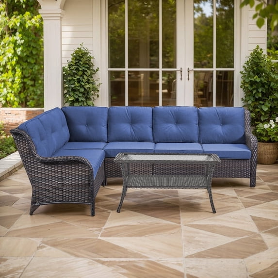 Gymojoy Outdoor Wicker Sofa Set Patio Furniture L-Shape Rattan Sectional with Coffee Table UV-Resistant for Backyard Balcony,Brown/Blue