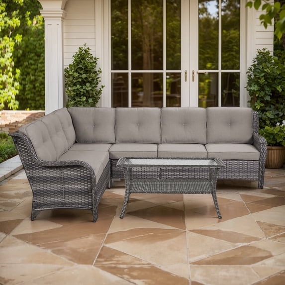 Gymojoy Outdoor Wicker Sofa Set Patio Furniture L-Shape Rattan Sectional with Coffee Table UV-Resistant for Backyard Balcony,Gray/Gray