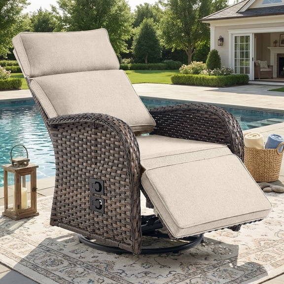 Gymojoy Outdoor Wicker Swivel Reclining Chair Patio Chaise Lounge Chair Recliner with Adjustable Backrest and Footrest for Pool Deck