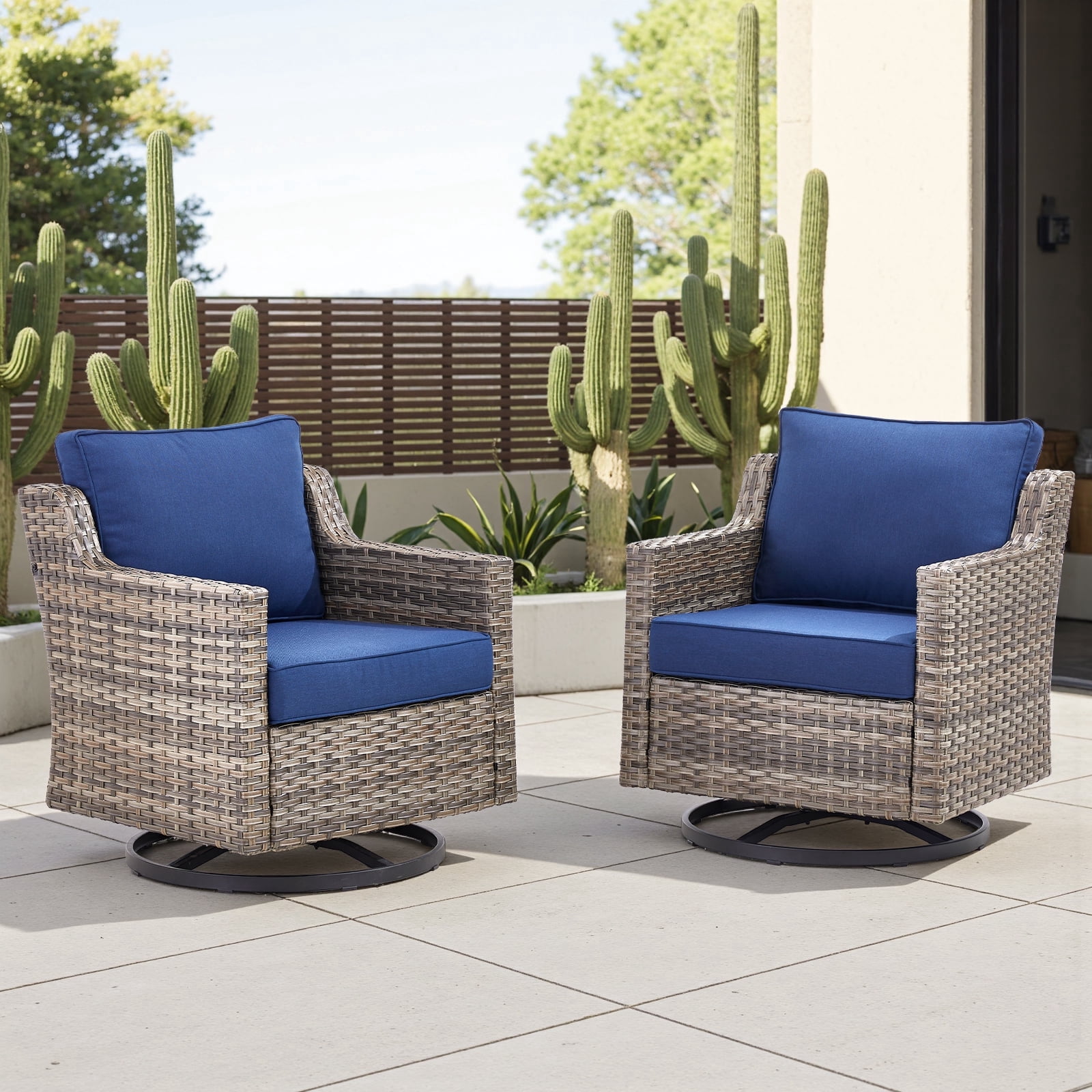 Gymojoy Outdoor Wicker Swivel Rocker Patio Rocking Chairs Set of 2 with Blue Cushions