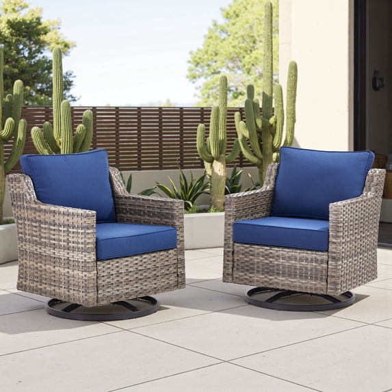 Gymojoy Outdoor Wicker Swivel Rocker Patio Rocking Chairs Set of 2 with Blue Cushions