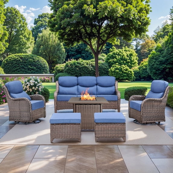Gymojoy Patio Furniture 6 Pieces Wicker Outdoor Sectional Sofa Sets, Rattan Conversation Set with Fire Pit Table, Swivel Chairs for Backyard, Pool