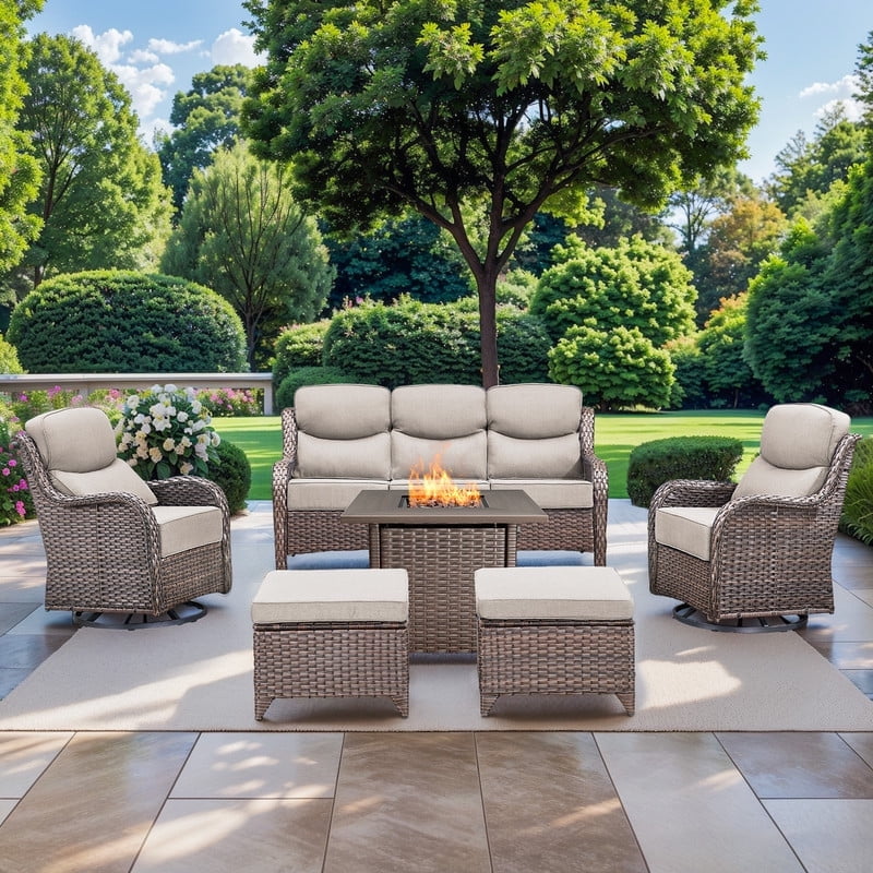 Gymojoy Patio Furniture 6 Pieces Wicker Outdoor Sectional Sofa Sets, Rattan Conversation Set with Fire Pit Table, Swivel Chairs for Backyard, Pool