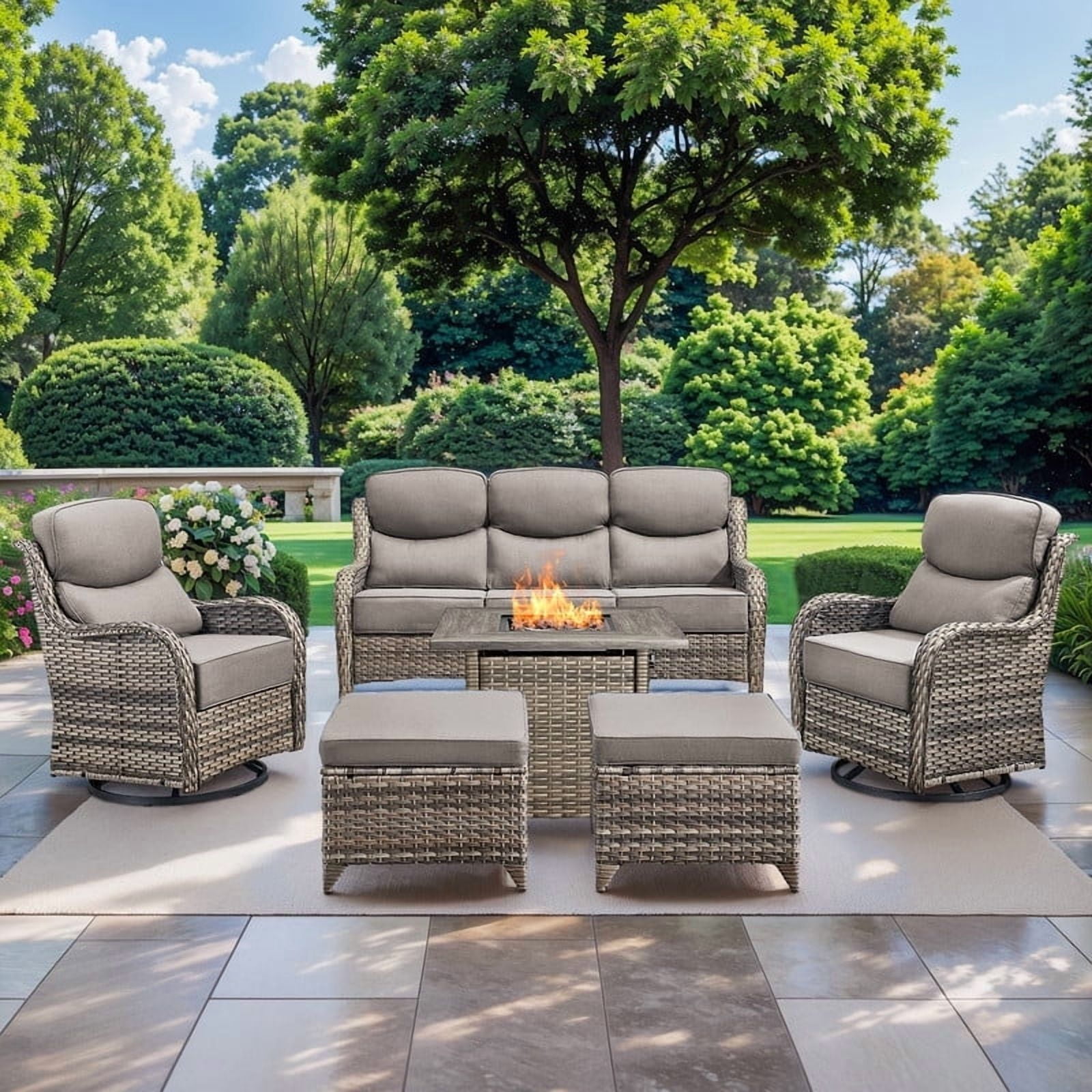Gymojoy Patio Furniture 6 Pieces Wicker Outdoor Sectional Sofa Sets, Rattan Conversation Set with Fire Pit Table, Swivel Chairs for Backyard, Pool
