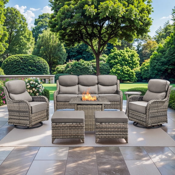 Gymojoy Patio Furniture 7 Pieces Wicker Outdoor Sectional Sofa Sets, Rattan Conversation Set with Fire Pit Table, Swivel Chairs for Backyard, Pool