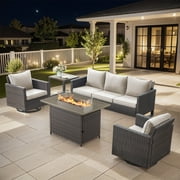 Gymojoy Patio Furniture Set 5 Piece Brown Wicker Outdoor Furniture Patio Sectional Sofa Couch PE Rattan Conversation Sets with Fire Pit Table, Beige Cushion
