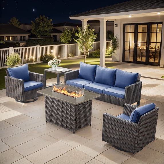 Gymojoy Patio Furniture Set 5 Piece Brown Wicker Outdoor Furniture Patio Sectional Sofa Couch PE Rattan Conversation Sets with Fire Pit Table, Navy Cushion