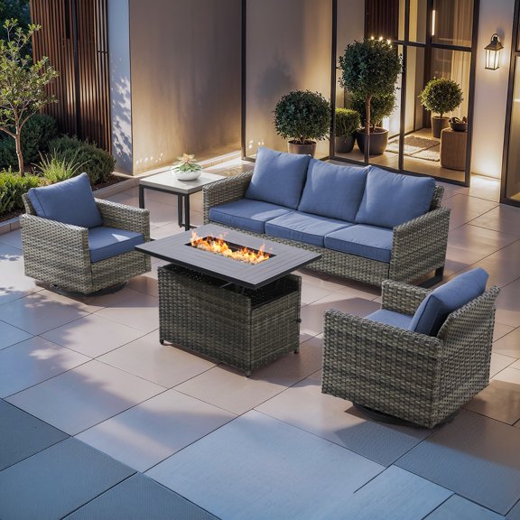 Gymojoy Patio Furniture Set 5 Piece Gray Wicker Outdoor Swivel Glider Patio Sectional Sofa Couch PE Rattan Conversation Sets with Fire Pit Table, Navy