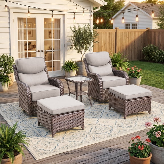Gymojoy Luxury Outdoor Furniture Set, Swivel Rockers with 6-Inch Thick Cushions, Foot Rest and Side Table for Porch, Yard, Deck, Poolside