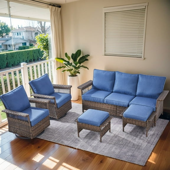 Gymojoy Patio Furniture Sets, 5 Pieces Outdoor Patio Sectional Sofa Set, All-Weather Wicker Rattan Outdoor Conversation Set with Ottoman Thick Cushion for Poolside, Backyard