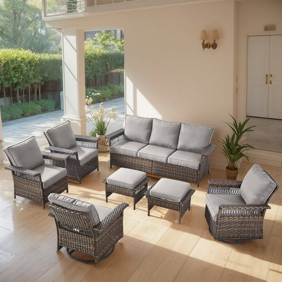 Gymojoy Patio Furniture Sets, 7 Pieces Outdoor Patio Sectional Sofa Set, Wicker Rattan Outdoor Conversation Swivel Chair Set with Ottoman for Poolside, Backyard